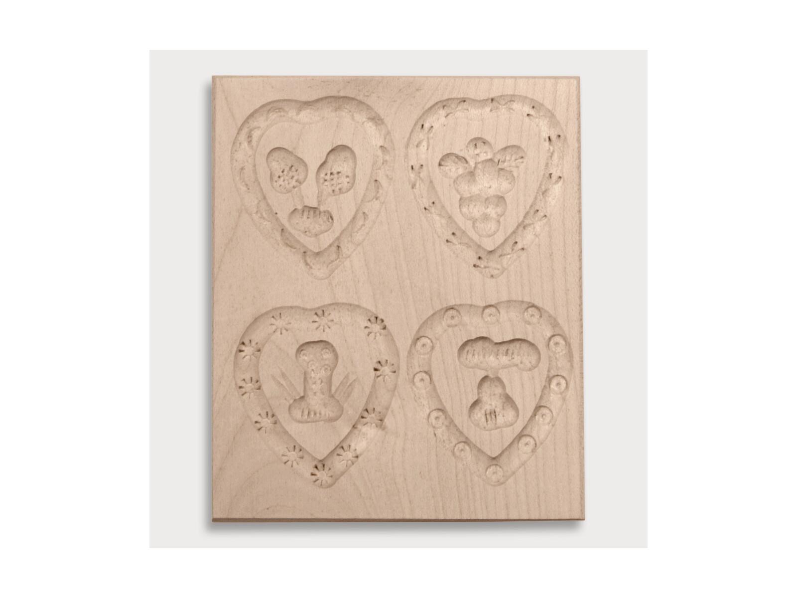 Anisgebäckform, gehämmert, Herzform, 4 Bilder, diverse Motive aus Holz 12 cm