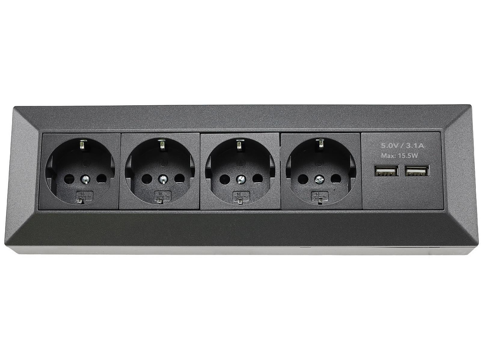 4-fach Steckdosenblock+2x USB, anthrazit 250V~/ 16A, Aufbaumontage, USB 3,1A
