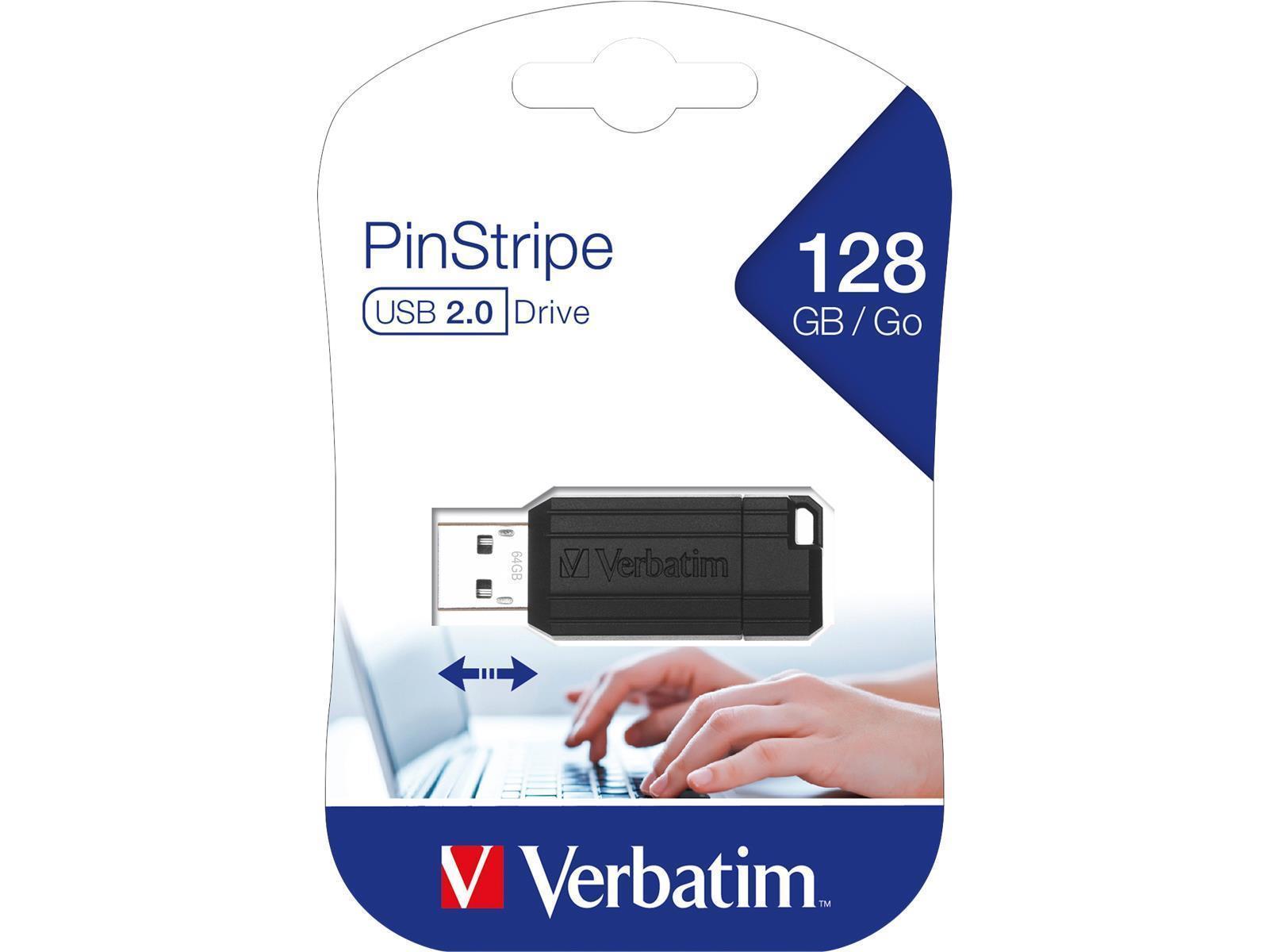 USB 2.0 Stick Verbatim, 128GB Speicher, PinStripe, Schiebemechanismus