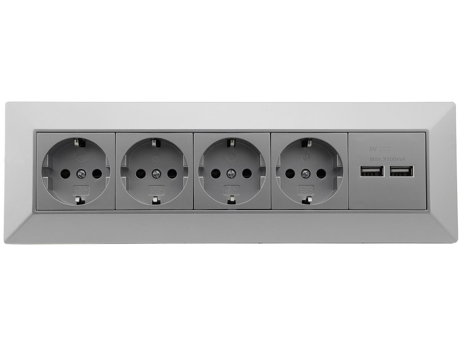 4-fach Steckdosenblock + 2x USB, silber 250V~/ 16A, Aufbaumontage, USB 3,1A