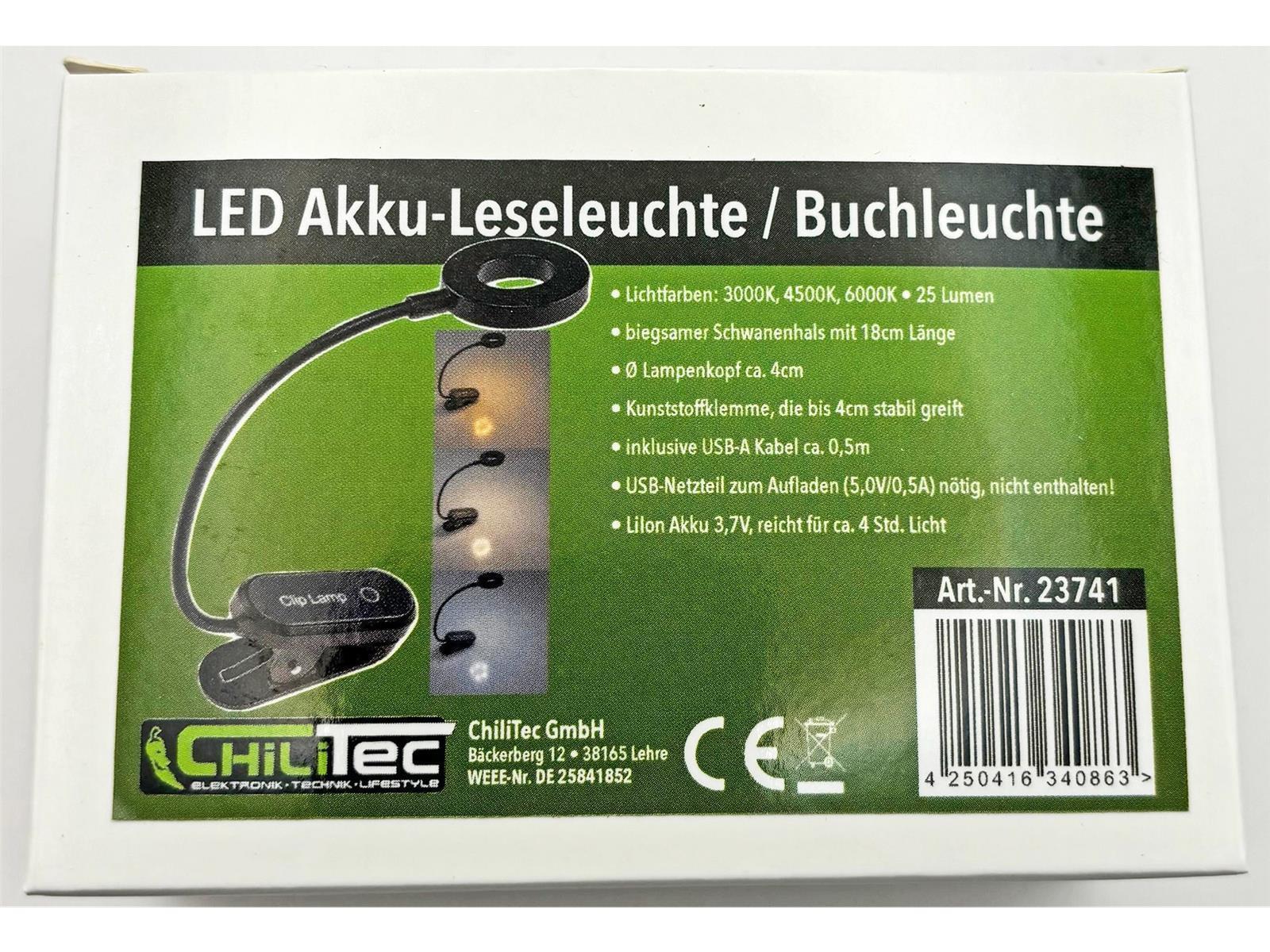 LED Akku-Leseleuchte / Klemmleuchte 18cm Schwanenhals, dimmbar, 25lm