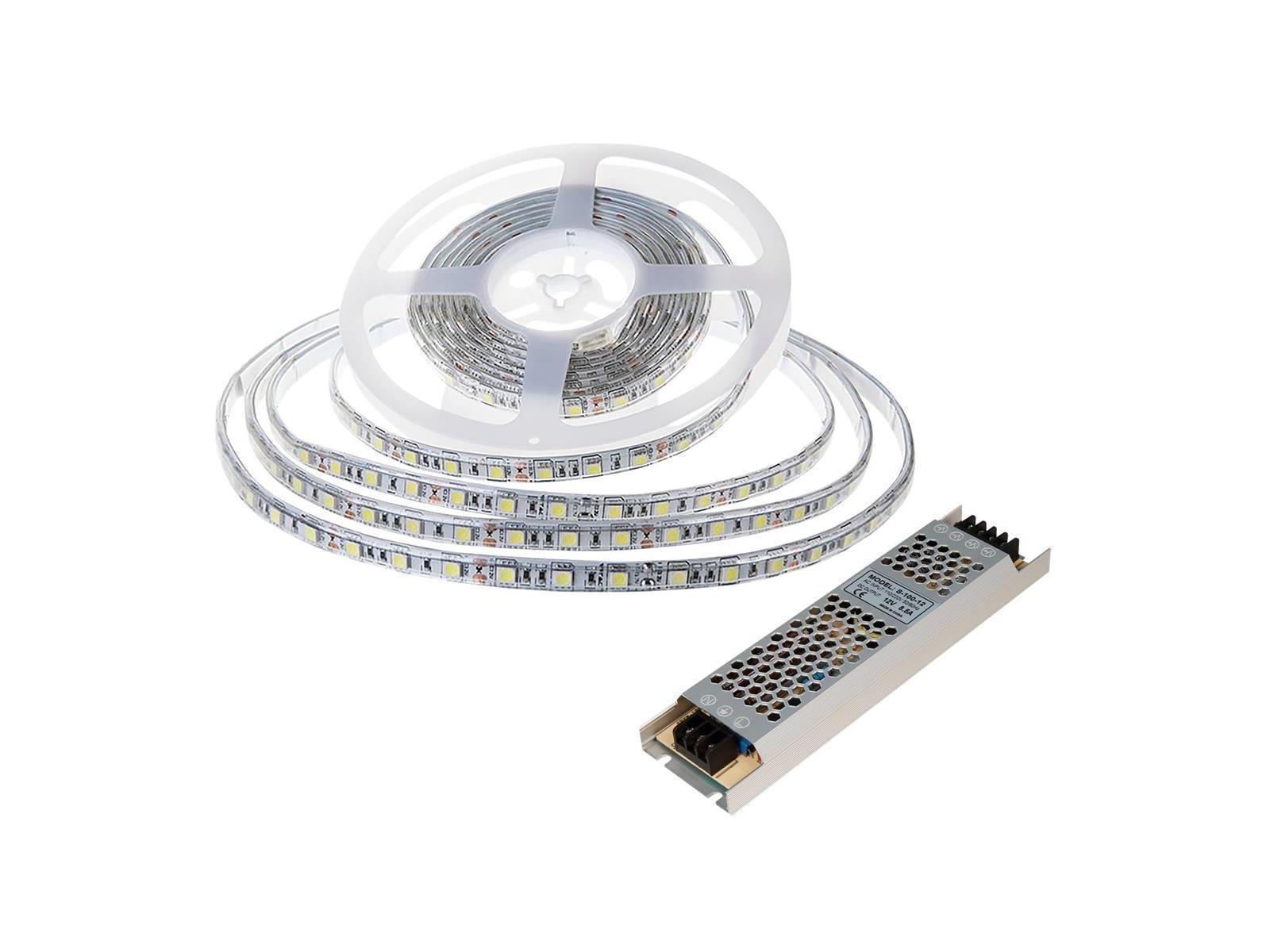 LED-Stripe SET, 60LED/m, 1000lm/m, 10,8W/m, tageslichtweiß, 5m Rolle, 100W Trafo