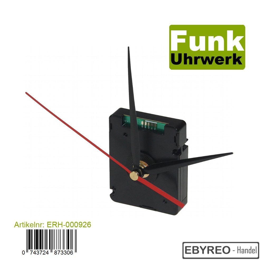 ebyreo® | präzises DCF Funk Uhrwerk "flüsterleise" | schleichender Zeiger mit 3 kompletten Zeigersätzen aus Kunststoff (Funk-Uhrwerk schleichend)