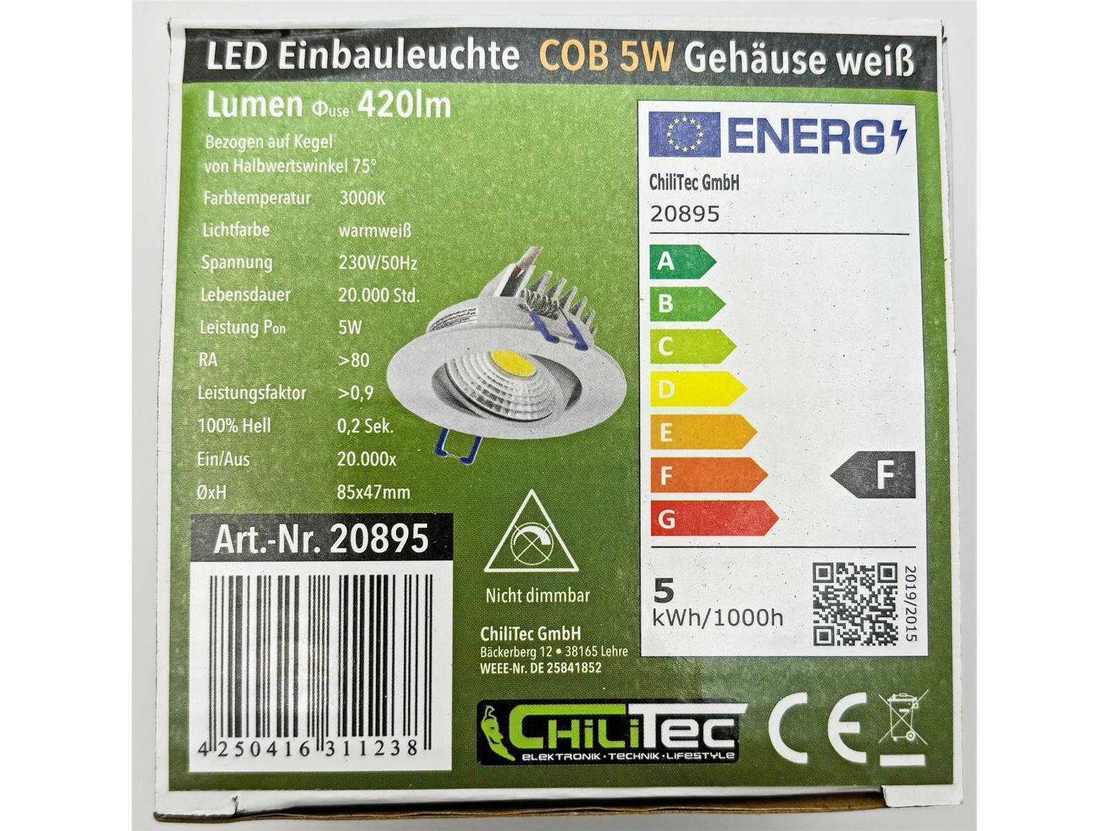 LED-Einbauleuchte "COB-5", 5W, 420lm ALU, 3000K, 95°, Ø85xT47mm, Rahmen weiß