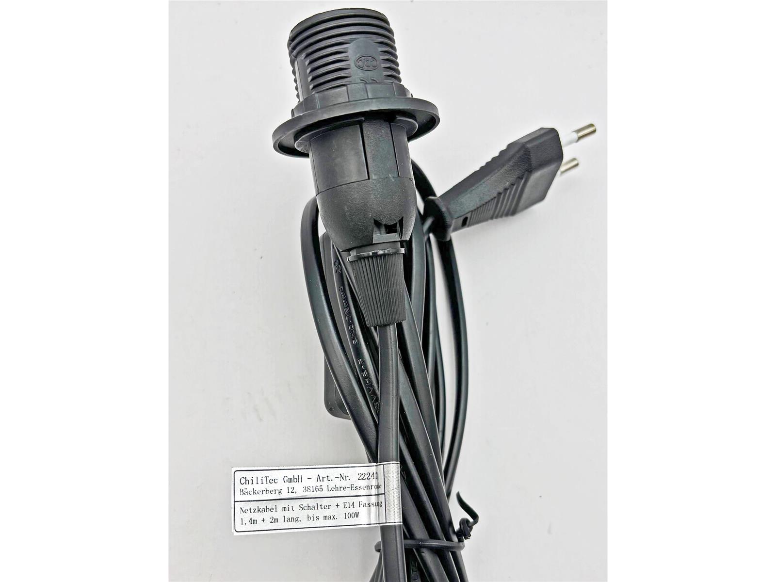 Netzkabel mit Schalter und E14 Fassung1,4m + 2m lang, schwarz