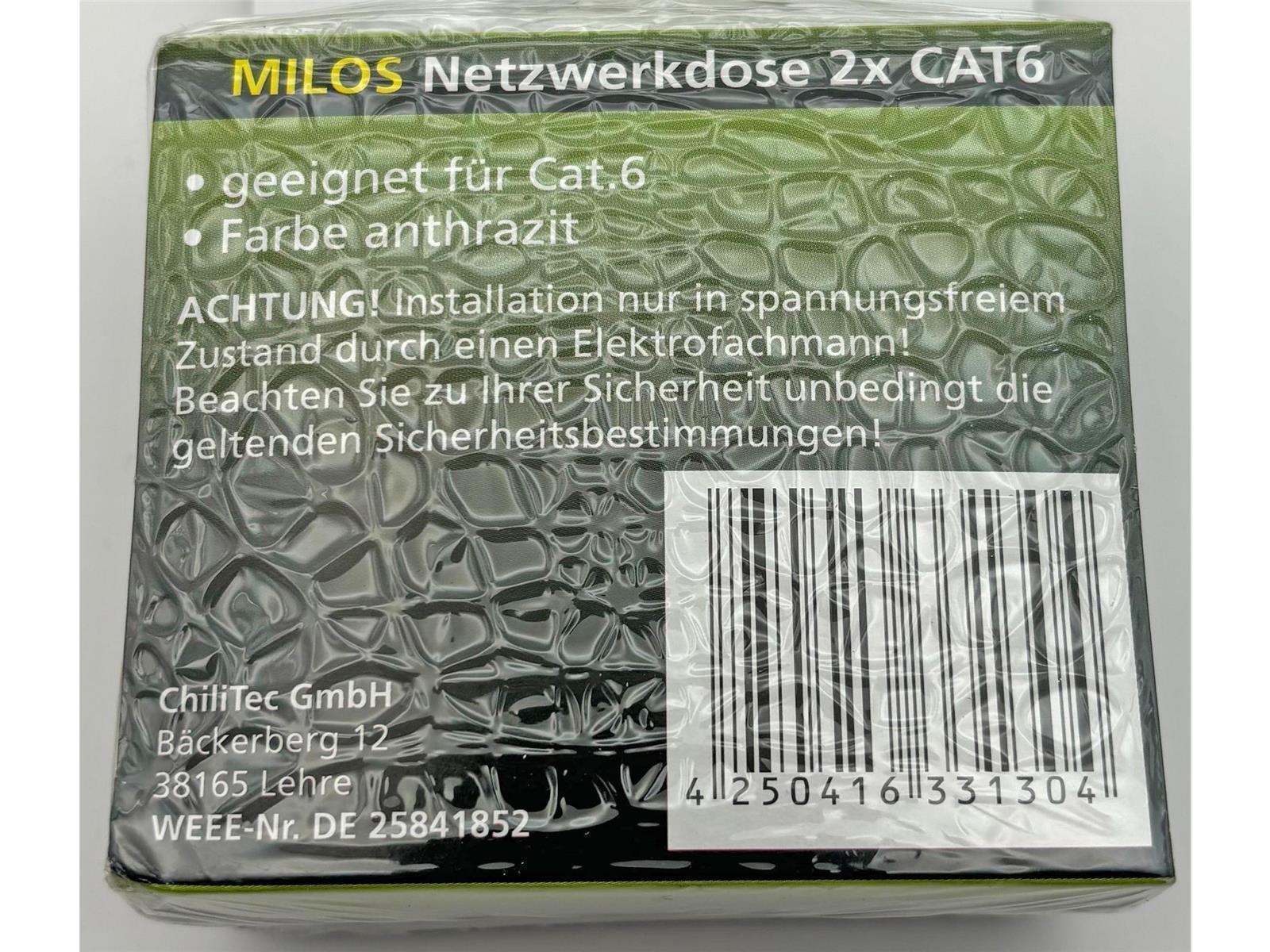 MILOS Netzwerk-Dose 2x CAT 6inkl. Rahmen, UP, anthrazit