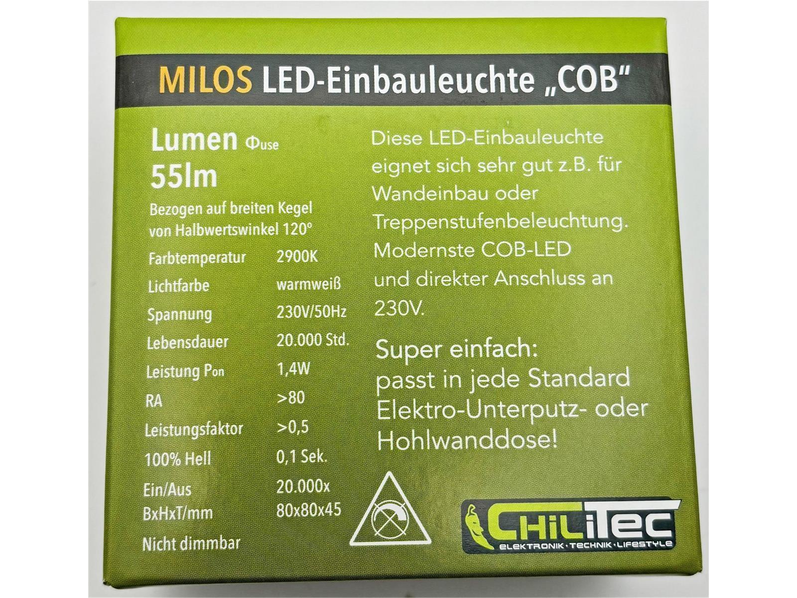 MILOS LED-Einbauleuchte "COB" weiß matt 80x80mm, 3000k, warmweiß, 110Lumen