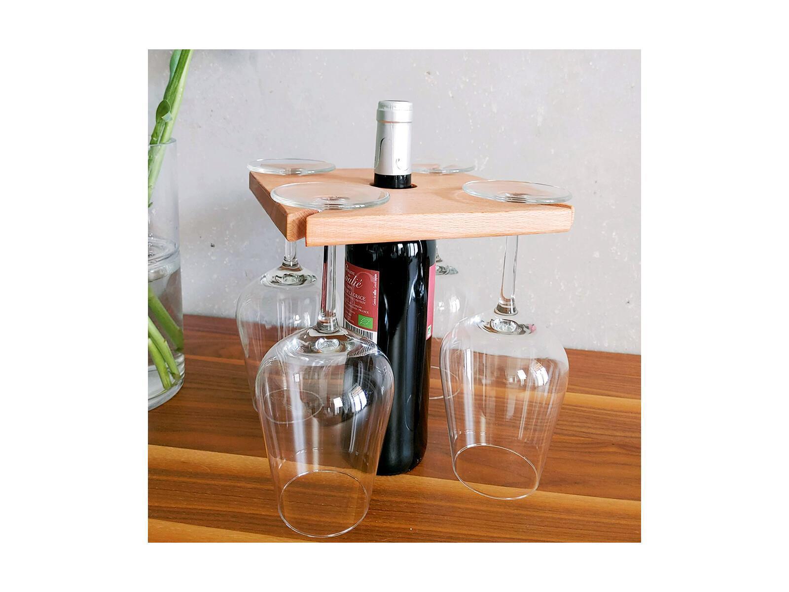 Weinglashalter aus Holz mit Flaschen-Halterung für 4 Gläser und eine Weinflasche, Flaschenhalter aus geöltem Buchenholz, Weinbutler, Weinständer, 20x20 cm