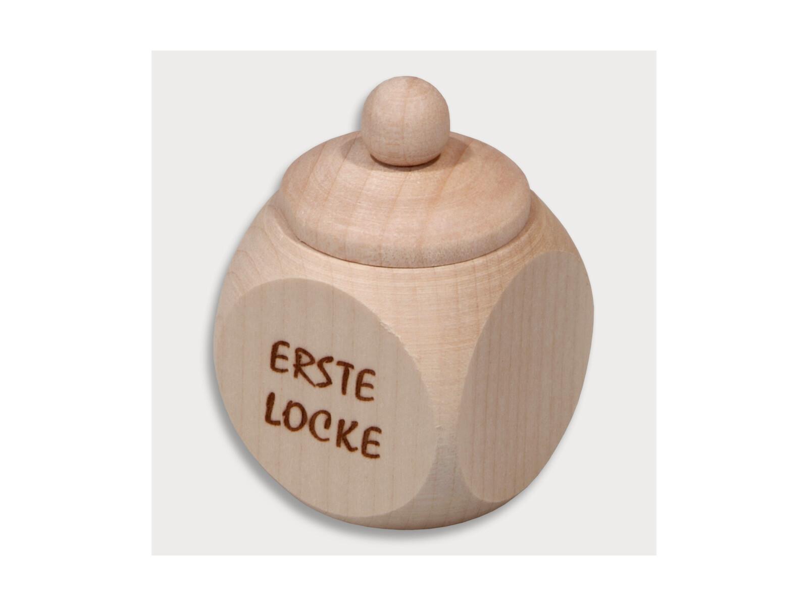 Holzdose, mit Schraubverschluss, Aufdruck Erste Locke, brauner Tampondruck aus Holz 4 cm