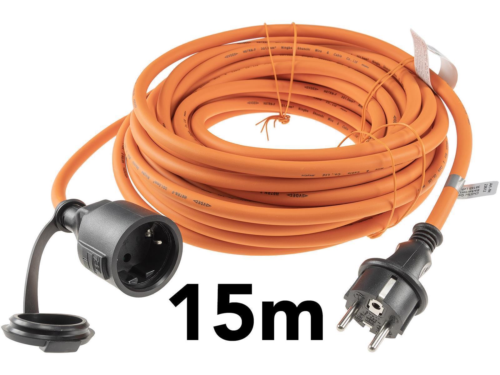 Verlängerungskabel 15m, IP44, Orange H07RN-F 3G1,5 , Stecker / Kupplung