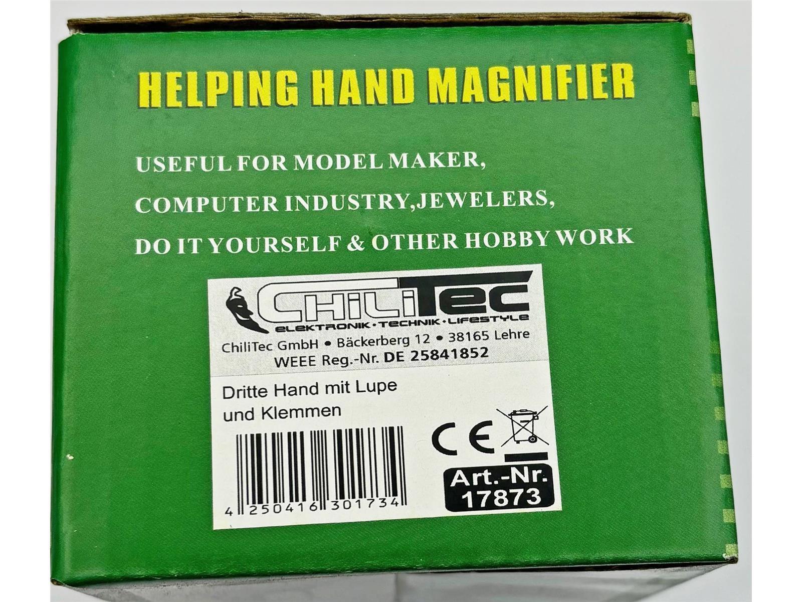 Dritte Hand mit Lupe und KlemmenLöthilfe mit Gussfuss, 2,5x Vergrößerung