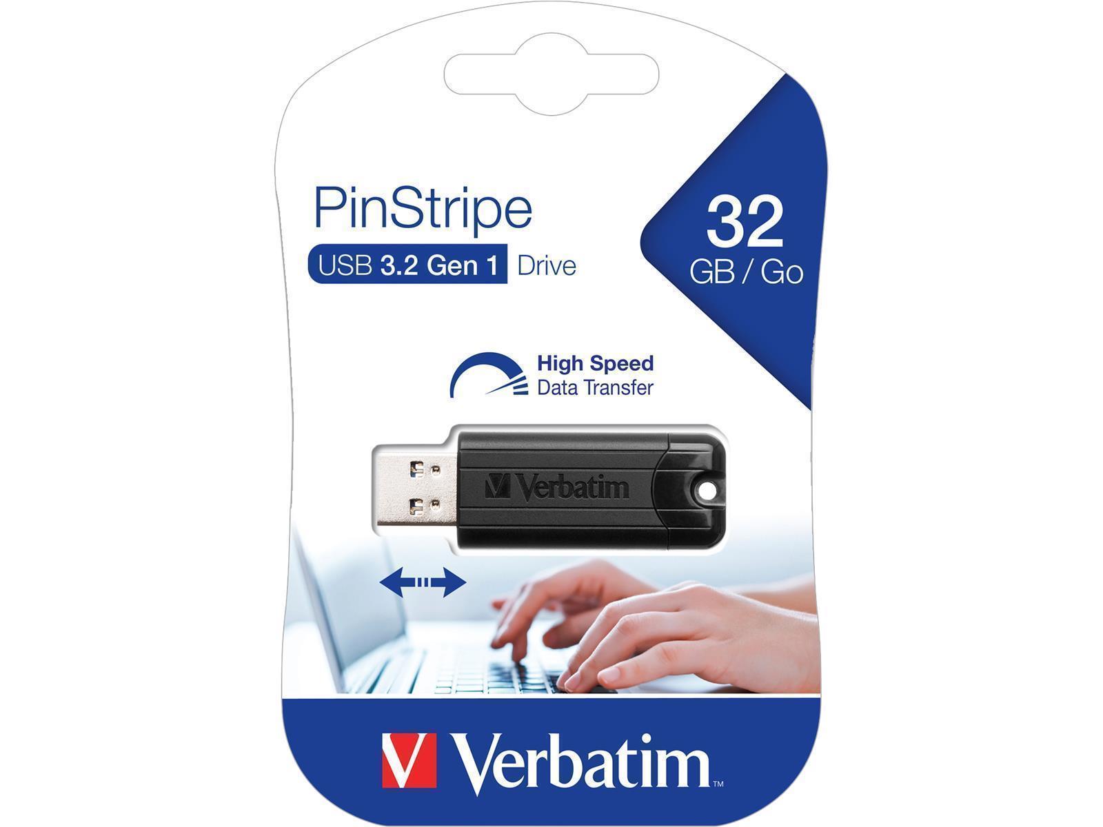 USB 3.2 Stick Verbatim, 32GB Speicher, PinStripe, Typ-A, Schiebemechanismus